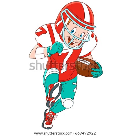 Cartoon boy playing rugby, american football. Vector illustration for kids and children.