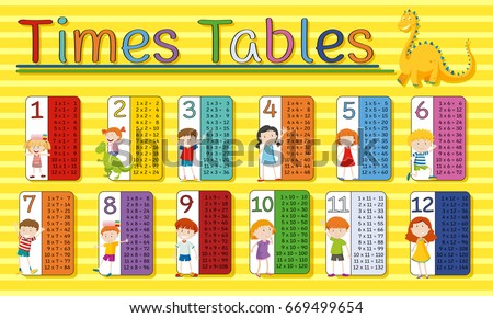 Time tables chart with happy kids on yellow background illustration