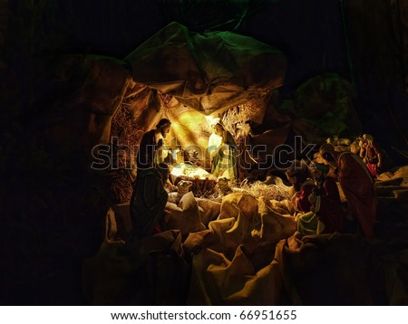 Christmas crib figures representing Holy Family, three wisemen and shepherds