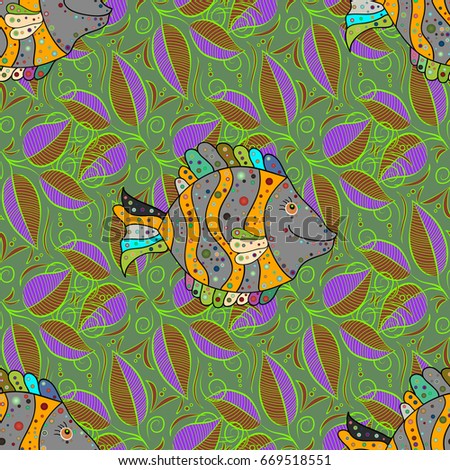 Bright polygonal fish set, colorful fishes on colored background.