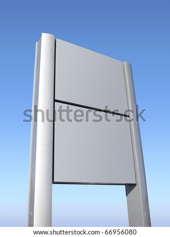 Blank signpost in brushed aluminum on lawn with blue sky , isolated with clipping path