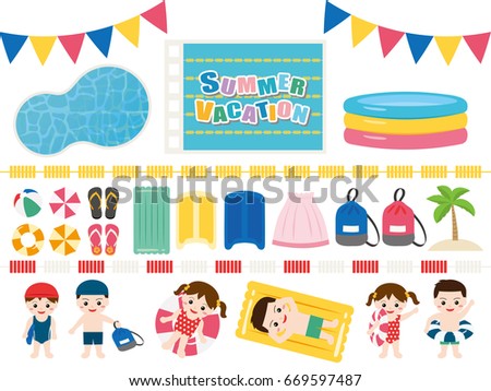 Pool and children vector illustration set