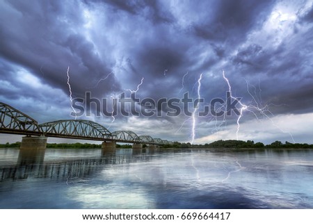 Summer thunderstorm over the Vistula river in Poland