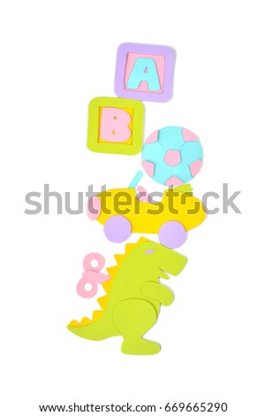 Pile of toys paper cut on white background - isolated  (handmade paper cut, not illustration)