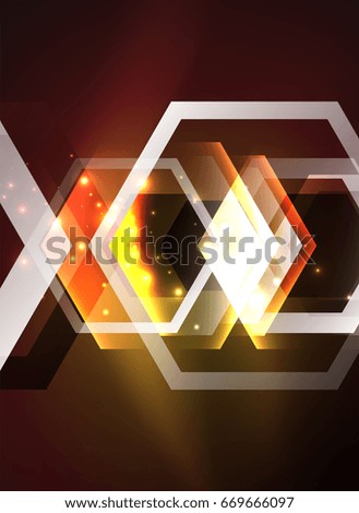 Techno glowing glass hexagons background, futuristic dark template with neon light effects and simple forms