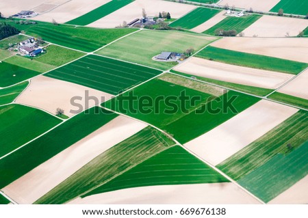 The fields and the village of Switzerland. Bird's eye view
