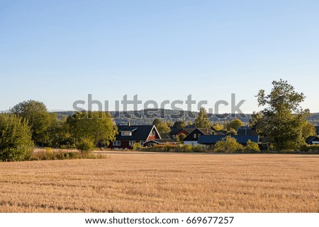 Swedish traditional house behind field and sunset light