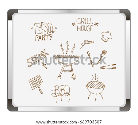 Barbecue grill hand drawn elements set isolated on flip chart background. Cookout BBQ party. Sketch of barbecue grill with tools. Barbecue home or restaurant party dinner