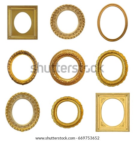 Set of gilded (gold) oval and round frames isolated on white