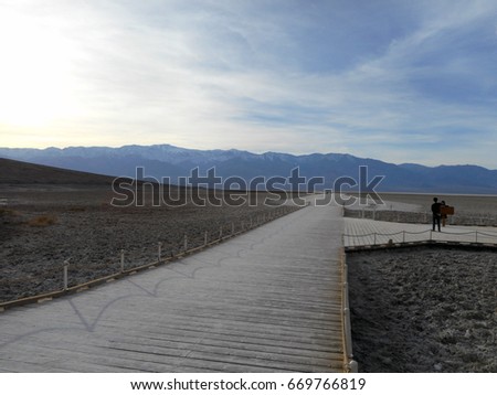 Boardwalk at below sea level, Badwater Salt Flats, Death Valley National Park, California.