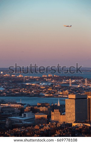 Aerial view of Boston, MA downtown at sunset.