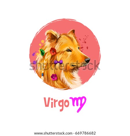 Digital art illustration of astrological sign Virgo. 2018 year of dog. Sixth of twelve zodiac signs. Horoscope earth element. Logo sign with girly dog. Graphic design clip art for web, print. Add text