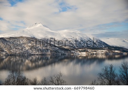 Norway landscape in March. Beautiful mountains scenery. Northern Europe. Scandinavia