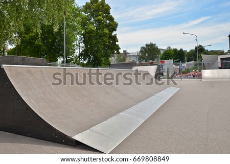 Skate park for extreme sports exterior. Wide angle view.