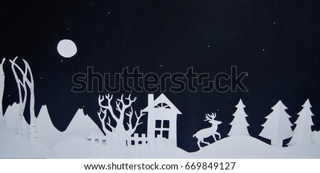Paper craft night winter landscape with full moon, starry sky, deer, house and pine tree