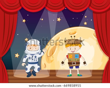 Astronaut and robot on stage illustration