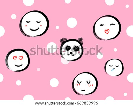 Hand drawn cute emoticons and white dots on pastel pink background. Smiley faces and panda bear. EPS10 vector illustration for wallpaper, backdrop, fashion design, paper gift, textures, fabric etc.