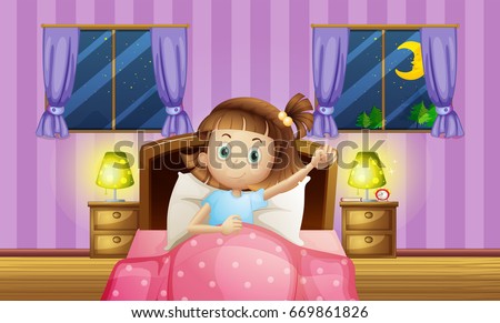 Girl going to bed in bedroom illustration