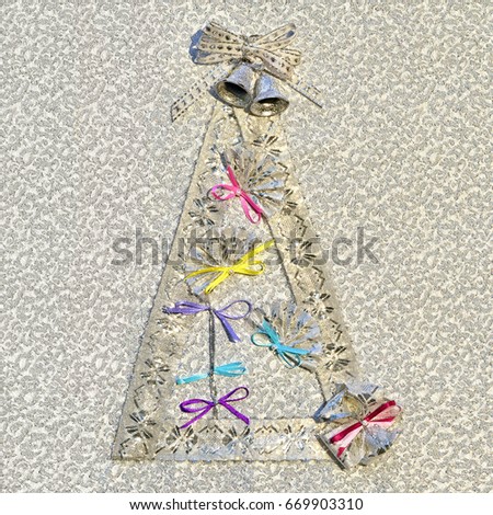 homemade christmas tree conceptual background, made from chining ribbon and decorated with fans and bells. traditional christmass, spanish or mexican or chinese culture. square composition copy space