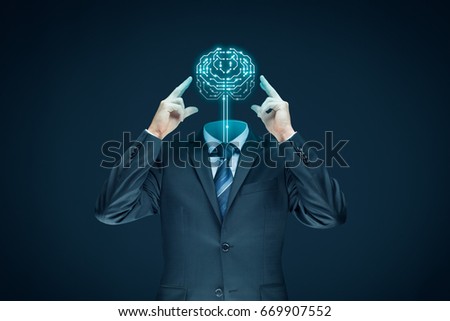 Brain with printed circuit board (PCB) design and businessman representing artificial intelligence (AI). Royalty-Free Stock Photo #669907552