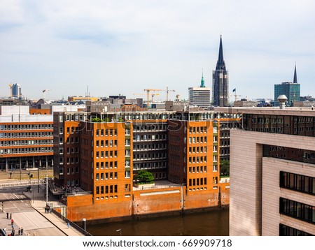 Aerial view of the city skyline seen from Hafencity in Hamburg, Germany, hdr