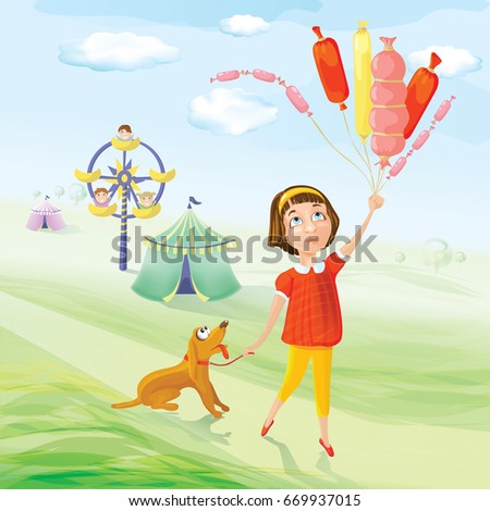 Girl with balloons and dog. Illustration. Cartoon drawing style