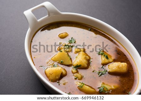 Spicy potato curry, popular indian main course menu, also known as Aloo sabji or sabzi in hindi