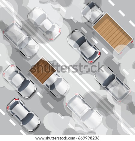 Road traffic. Air pollution. Vector illustration. Air pollution.
