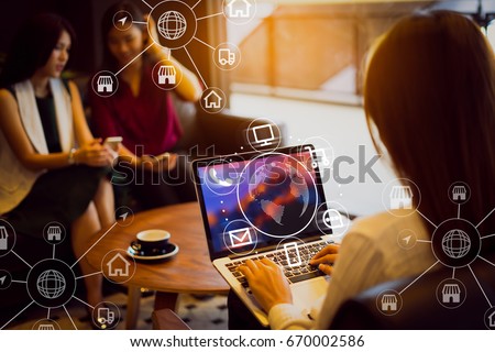 Woman is payment online.Future technology concept. Multichannel communication icon network for digital marketing.internet of things conceptual sign, digital era and omni channel.
