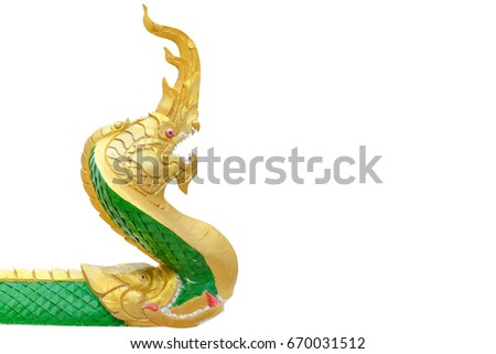 Serpent king or king of naga statue in Thai temple isolated on white background.