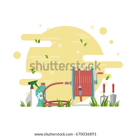 Gardening concept poster. Flat vector illustration with garden fork and trowel, hose reel and bottles