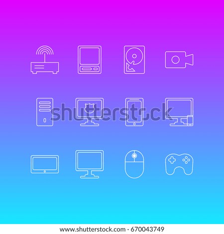 Vector Illustration Of 12 Computer Icons. Editable Pack Of Mainframe, Router, Antivirus And Other Elements.