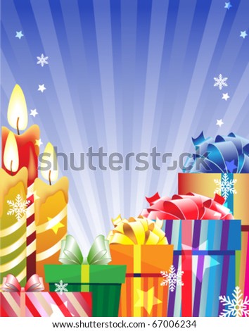 Gift boxes and burning candles on a shining background