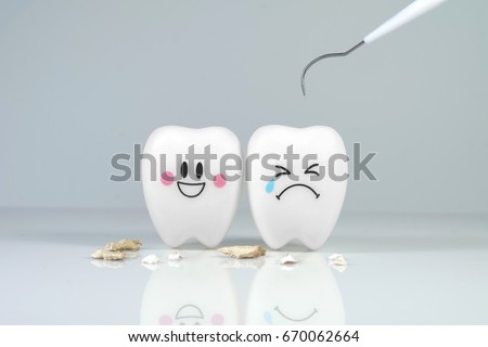 Teeth smile and crying emotion with dental plaque tool ,Concept Dental care cleaning  bacterial plaque Royalty-Free Stock Photo #670062664