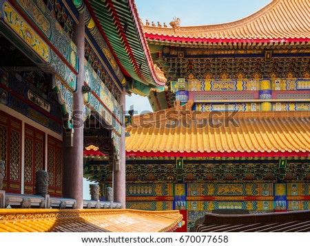Abstract chinese temple, Roof of the Hall of Traditional Chinese style temple at Wat Leng-Noei-Yi in Nonthaburi,Thailand