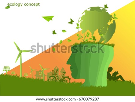The Global on human head  ,windmill and solar panels on the grass  ,Environmentally friendly world. Vector illustration of ecology,concept all people protect the environment and The earth