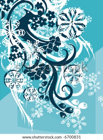 Abstract winter grunge background with floral ornamental details, a peacock and snowflakes, vector illustration series.