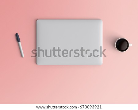 Modern workspace with closed notebook or laptop, pen and coffee cup copy space on color background. Top view. Flat lay style. Royalty-Free Stock Photo #670093921