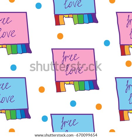 Seamless pattern with colorful announcing with free love text. Rainbow color announcing.  Vector seamless pattern for Valentine day and other greeting card or design.