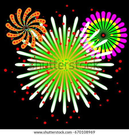 Brightly Colorful Fireworks vector on twilight background. New Year decoration.
