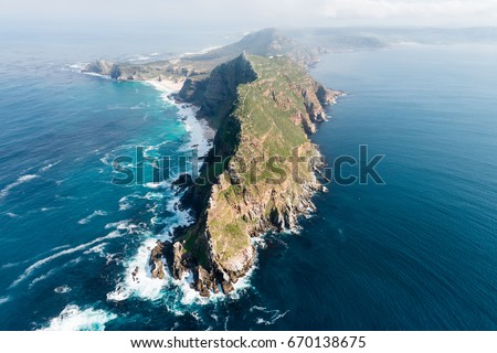 Cape Point (South Africa) aerial view shot from a helicopter Royalty-Free Stock Photo #670138675