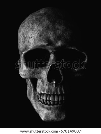 Human skull with dramatic lightning is isolated on a black background