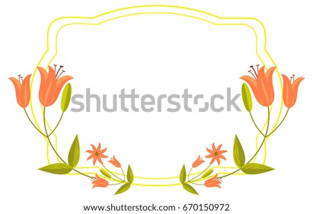 Round decorative frame with abstract orange flowers. Raster clip art.