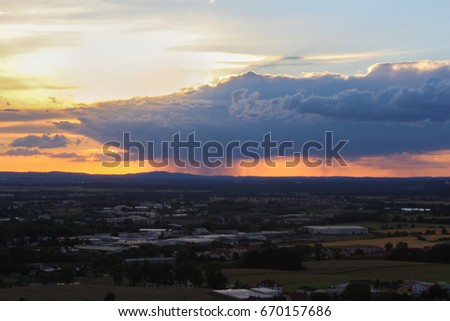 Panoramatic view on city Ceske Budejovice in sunset, close up photo