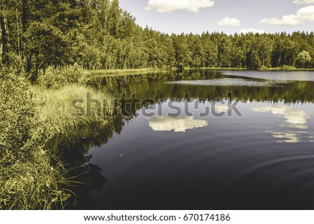White clouds on the blue sky over forest lake with reflections - vintage old effect