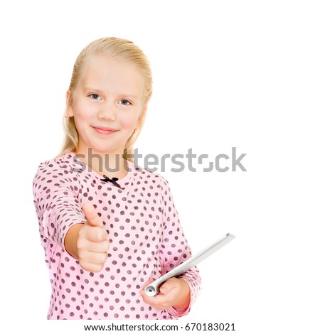 cheerful little girl used tablet, isolated on white