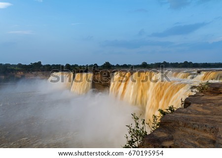 A close view from the top of the beautiful Waterfall in India during post monsoon season. Chitrakote(Chitrakoot or Chitrakot) Falls, Chhattisgarh, India