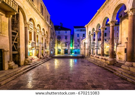 Night view at famous square Peristil in city center of town Split, popular tourist and historic place in Croatia, Europe. / Selective focus, long exposure. Royalty-Free Stock Photo #670211083