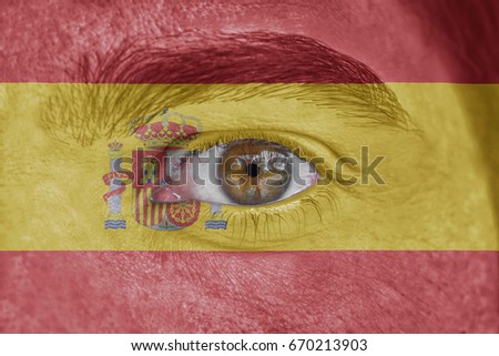 Human face and eye painted with flag of Spain