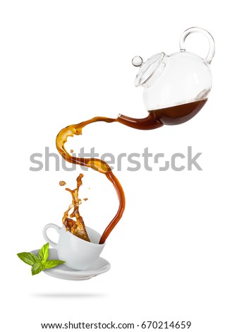 Porcelain white cup with splashing tea from jug, separated on white background. Hot drink with splash, beverages and refreshment. Very high resolution image